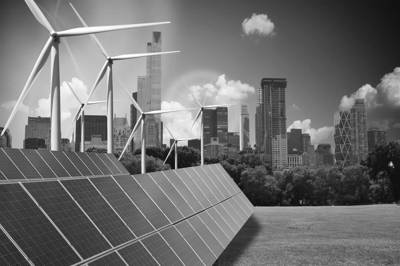 Solar panels and city skyline